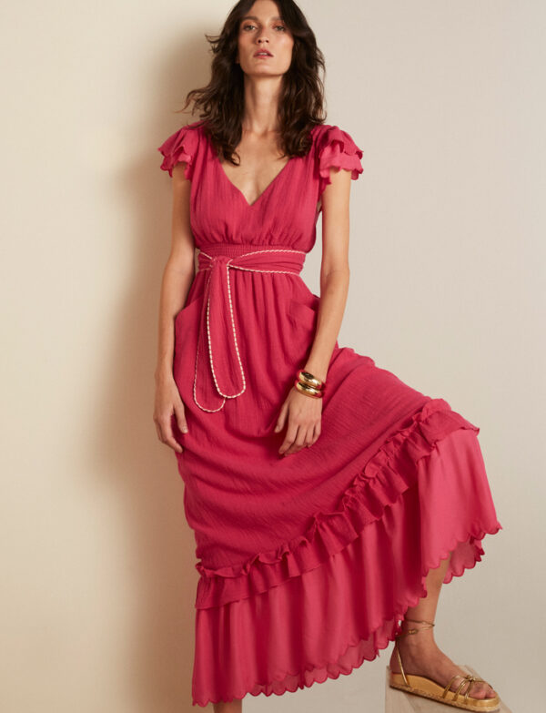 Vestido Midi com Babado na Manga - Fúcsia