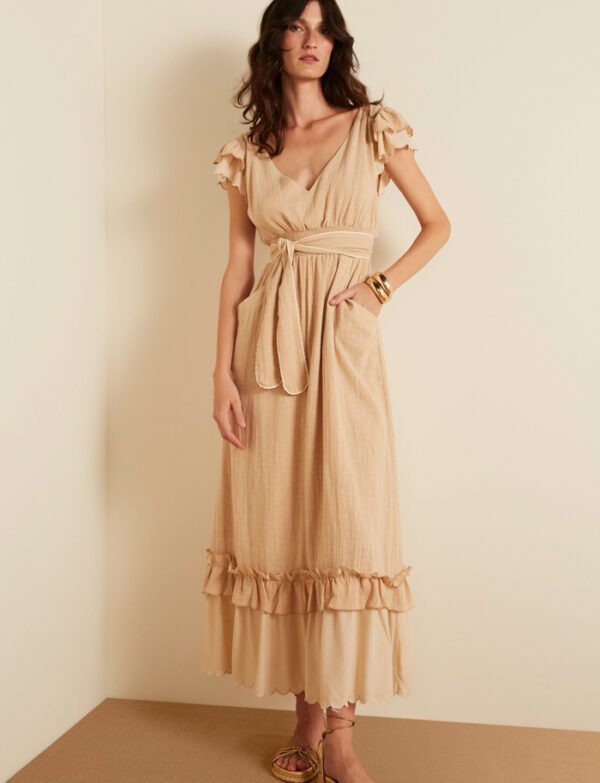 Vestido Midi com Babado na Manga - Areia