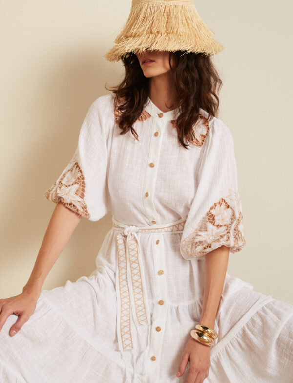 Vestido Chemise com Bordado nas Mangas - Branco