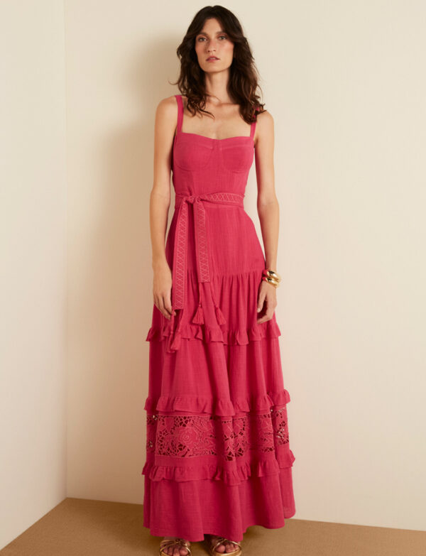 Vestido com Bordado e Babados - Fúcsia